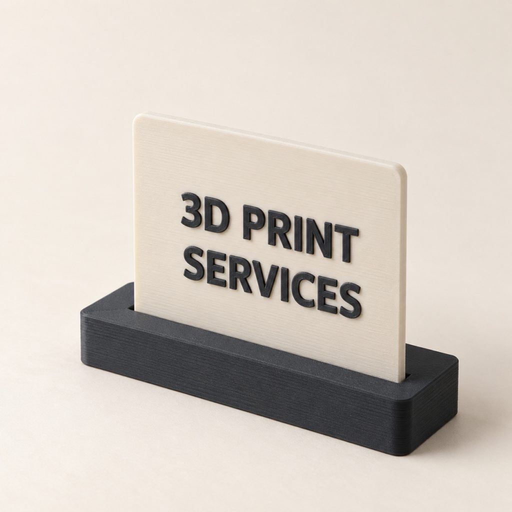 Geprint naambordje met de tekst 3D Print Services op een zwarte voet