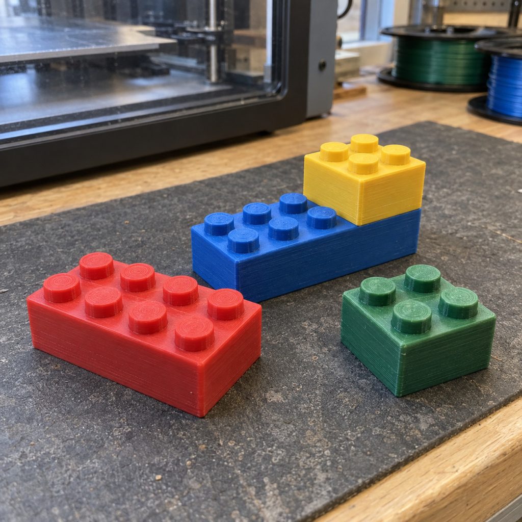 Geprinte bouwstenen in rood, blauw, geel en groen naast een 3D-printer