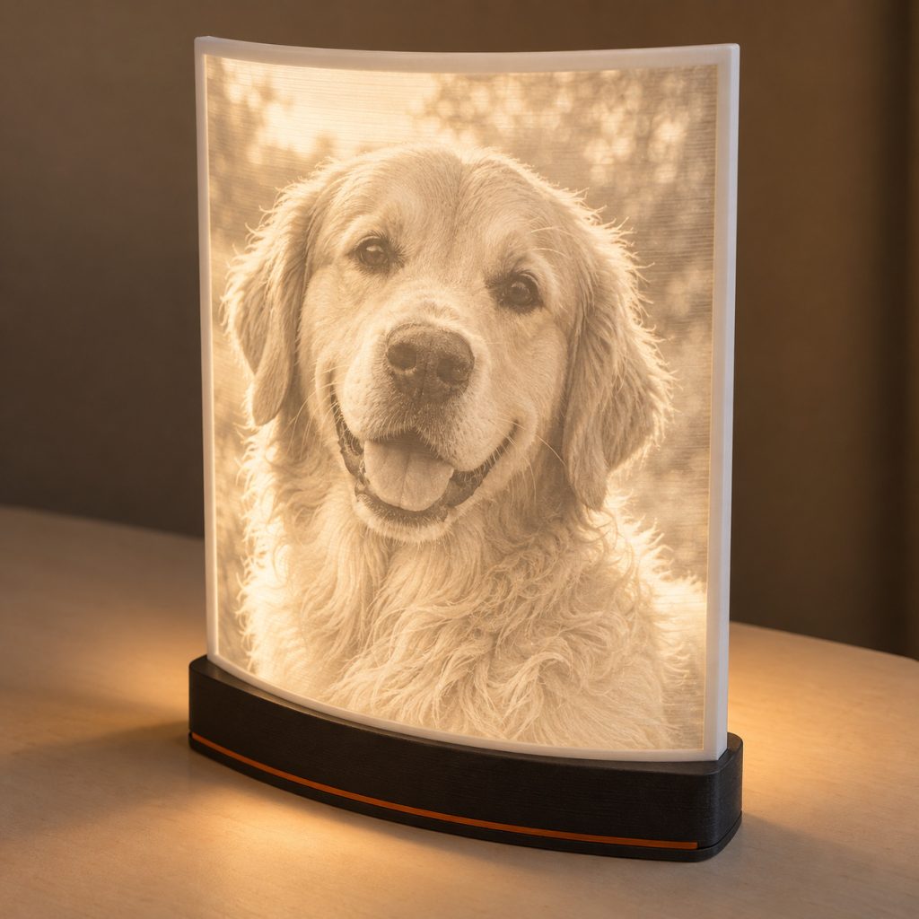 Verlichte lithofaan-lamp met een portret van een hond